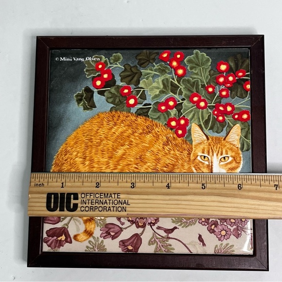 vintage avon mimi vang olsen ceramic tile framed cat art  orange tabby trivet - Picture 4 of 5